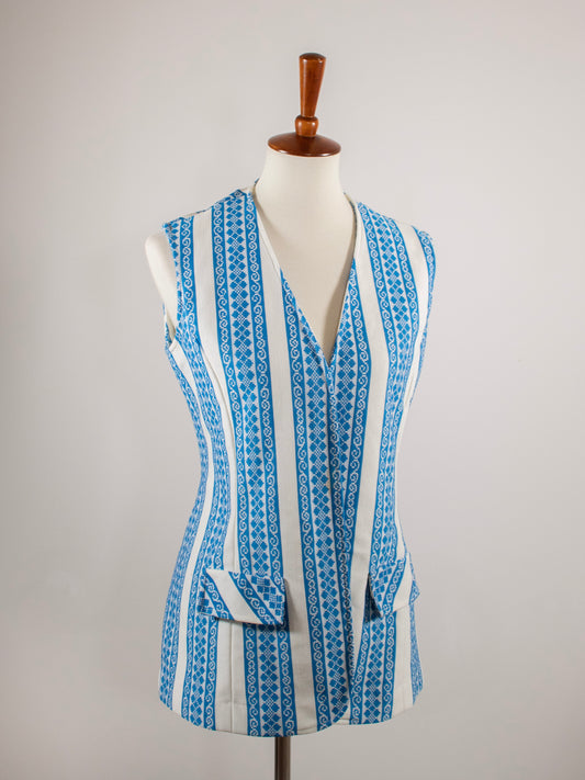 1970s Blue and White Coastal Print Vest