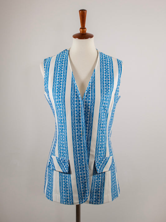 1970s Blue and White Coastal Print Vest