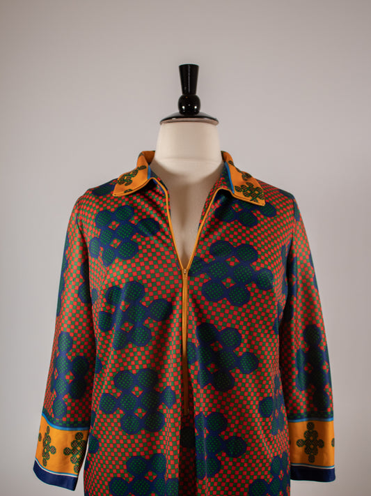 1970s Checkered Multi-Color Wing Collared Dress