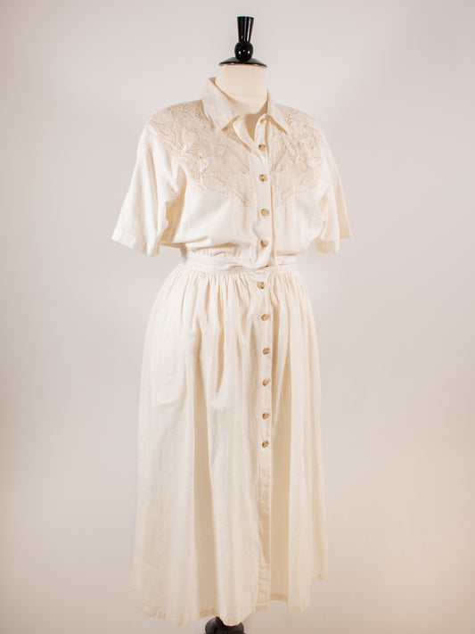 1980s Cream Color Button Down Dress
