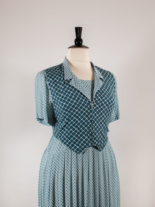 1970s Light Blue Patterned Dress with Vest