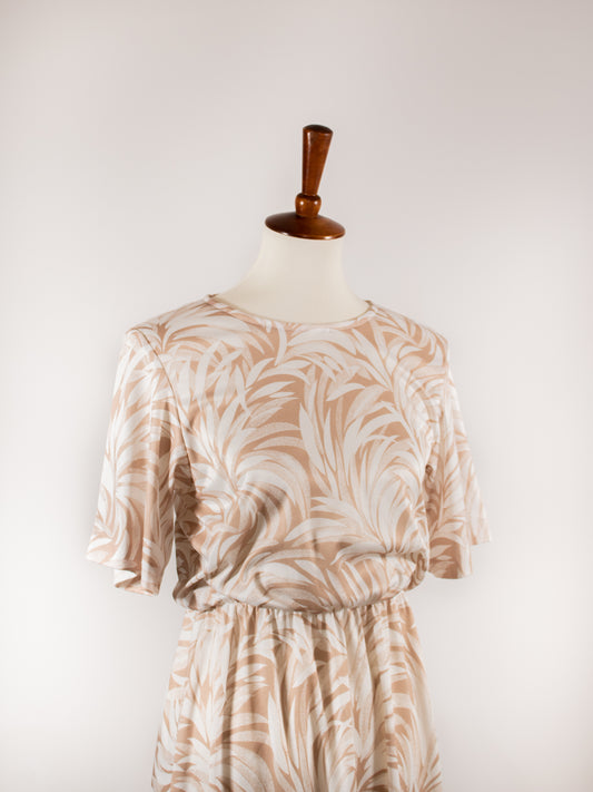 1970s Tan Tropical Palm Print Dress