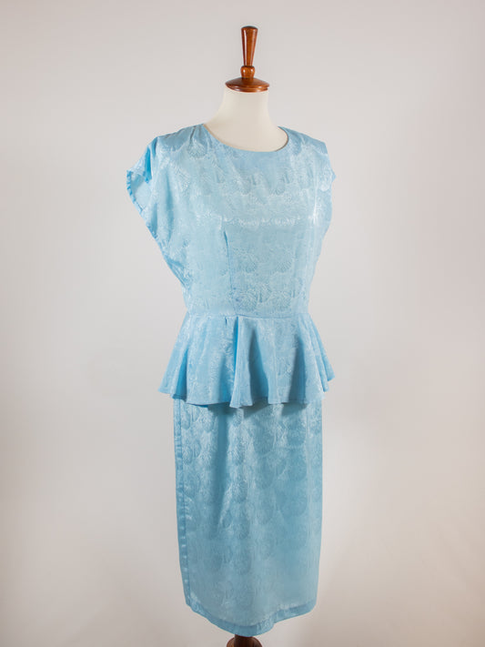 1980s Light Blue Art Deco Embossed Peplum Dress