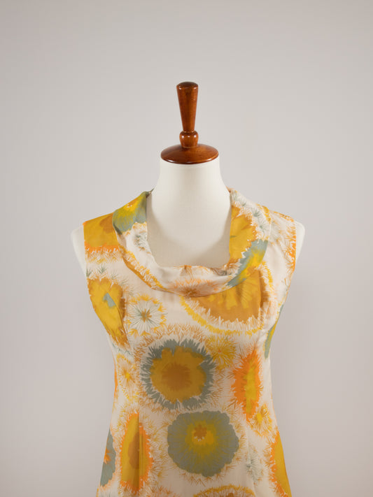 1960s Floral Print Draped Neck A-Line Dress