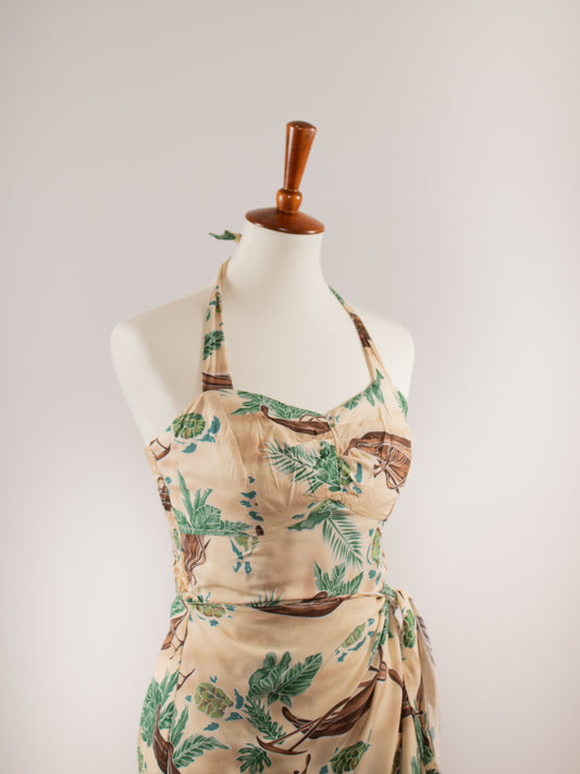 1970s Hawaiian Print Halter Top Wrap Dress