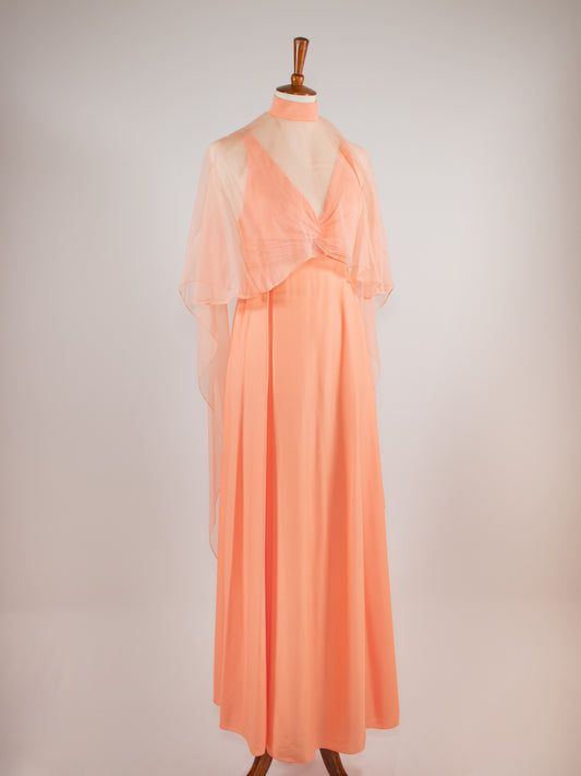 1970s Coral Pink Gown with Sheer Shawl
