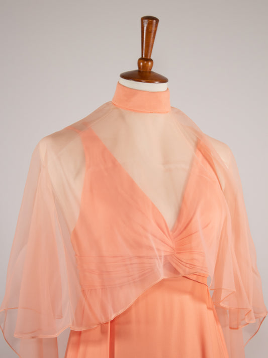 1970s Coral Pink Gown with Sheer Shawl