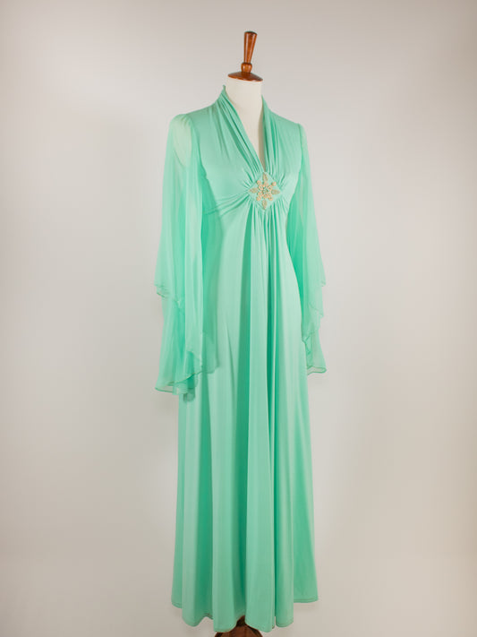 1970s Sea Foam Green Sheer Sleeve Gown