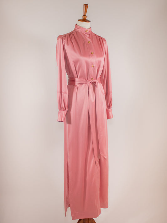 1960s Pink Silk Robe Style  House Dress with Buttons