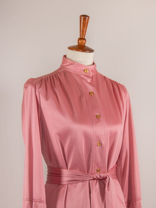 1960s Pink Silk Robe Style  House Dress with Buttons